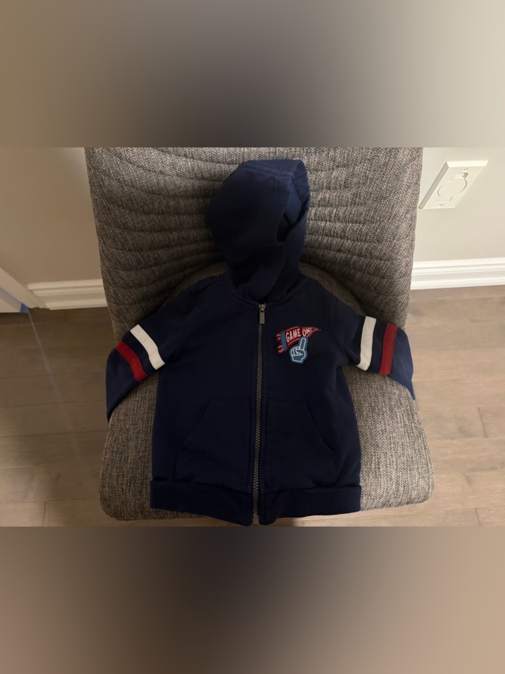 Tommy Bahama Navy Hoodie with Red & White Sleeve Stripes 24 months